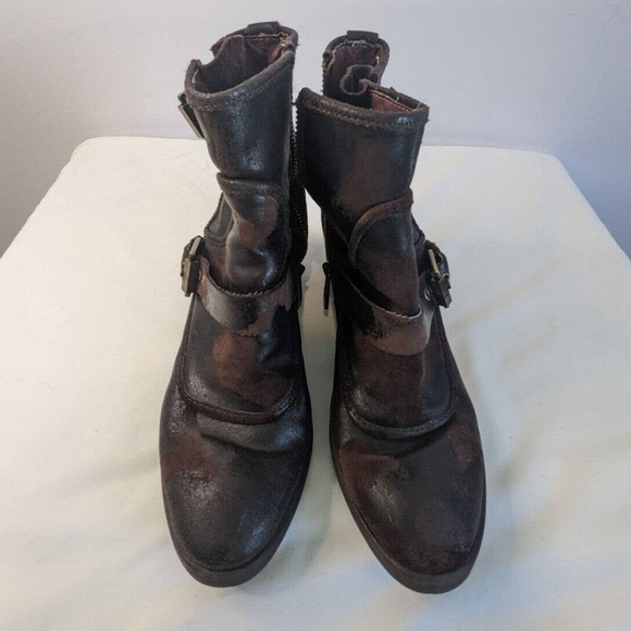 Donald J Pliner Delta Moto Boots Espresso Brown 6.5 Distressed Ankle Buckles - Picture 2 of 10